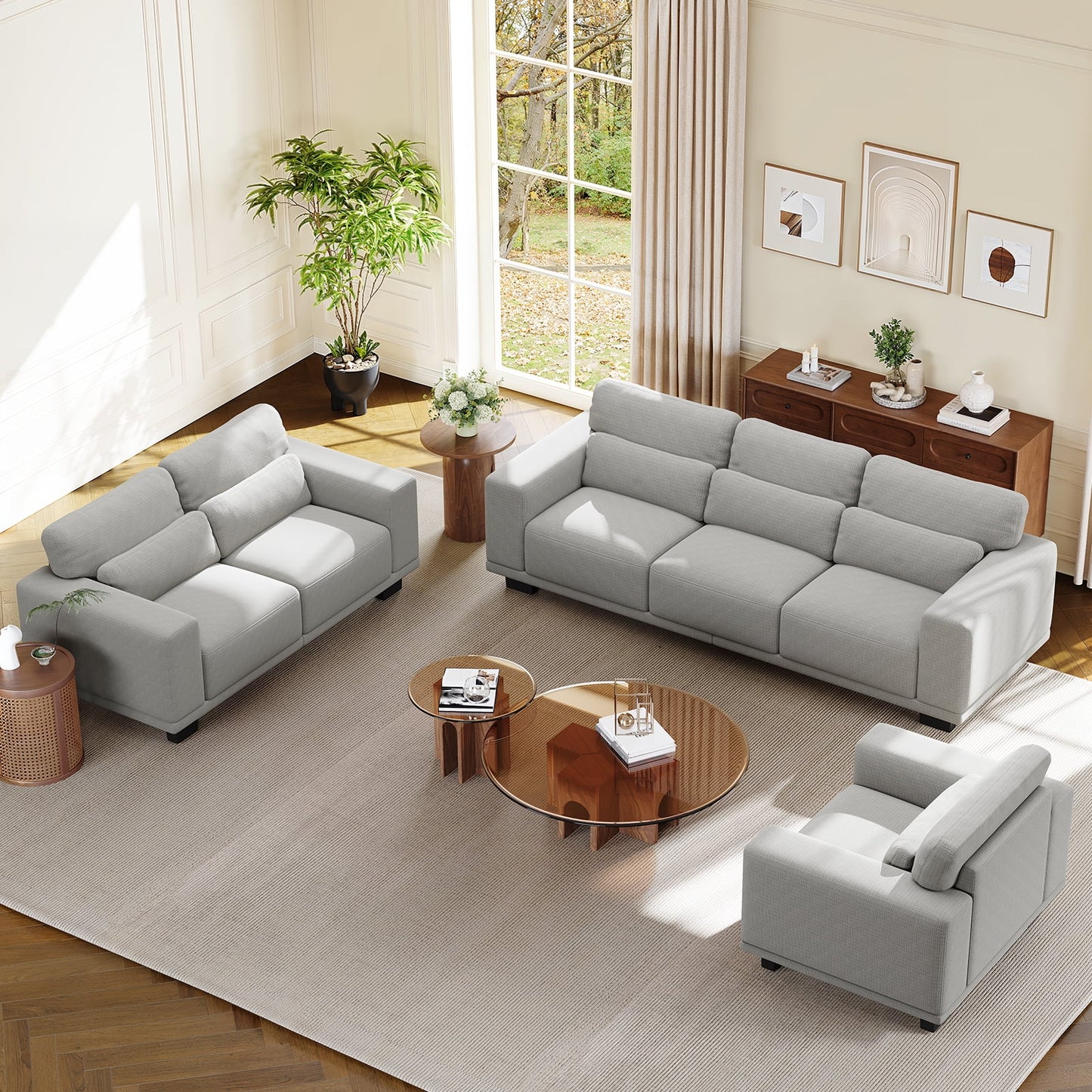 89" 3 Seater Sofa, Upholstered Couch with 3 Pillows and Removable Linen Cover, Deep Seat Sofa with Wide Armrests