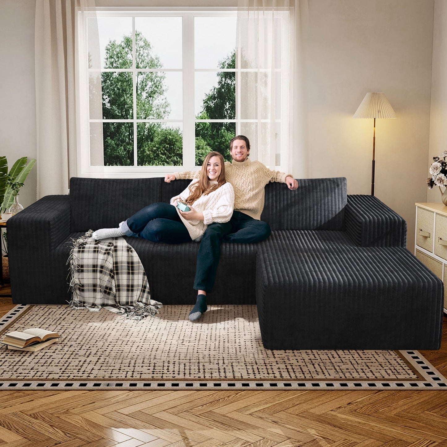 Modular Cloud Sofa - No Assembly Required, 94" Oversized L-Shaped Sectional with Chaise, Flannel Fabric Deep Seating Couch for Living Room