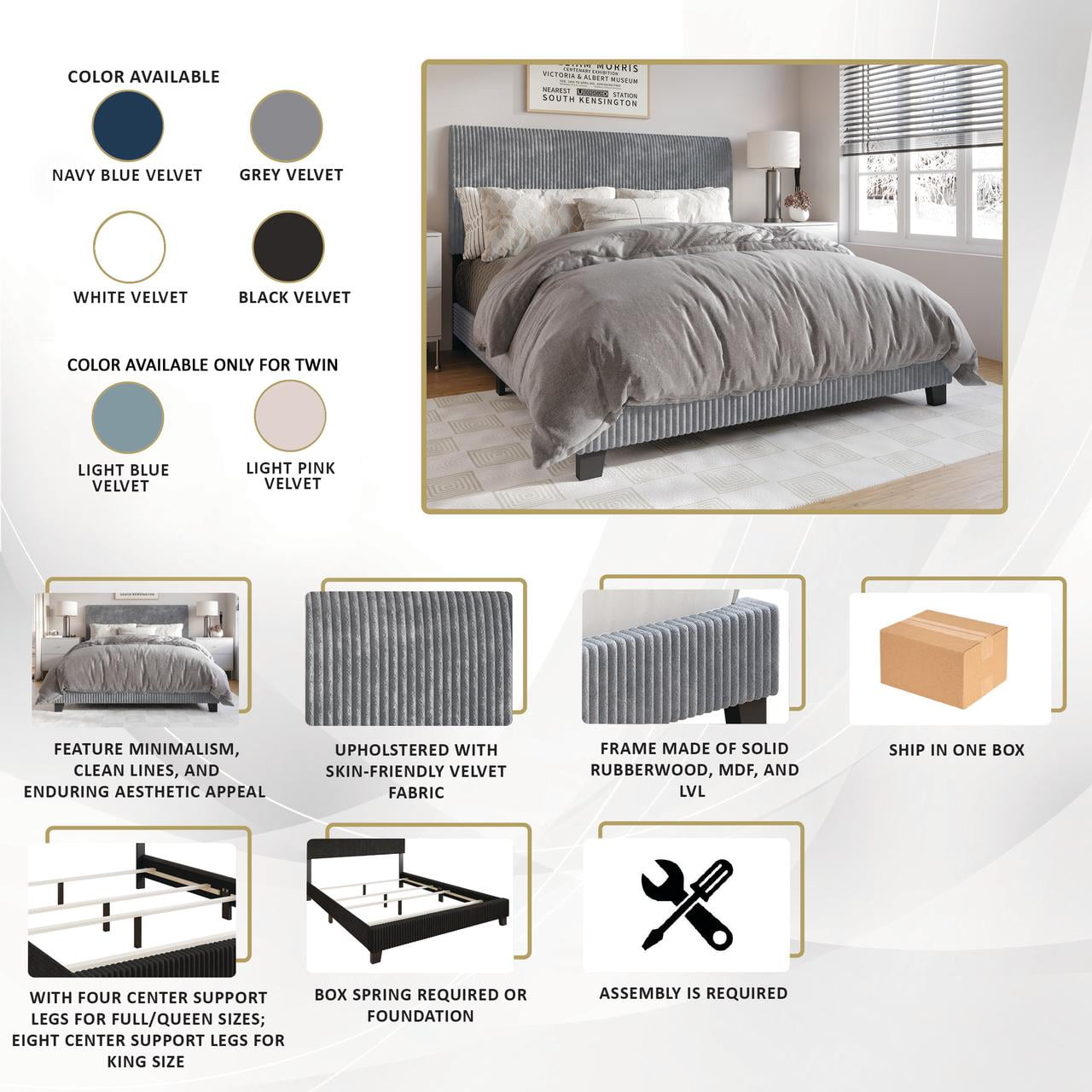 Chic Corduroy Velvet Upholstered Full Bed, Grey