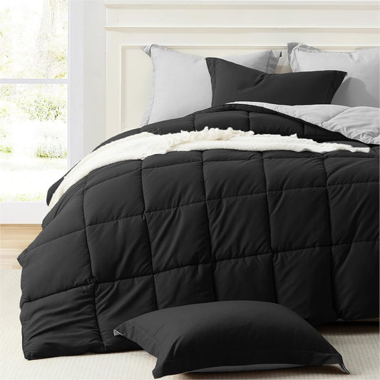 King Size Comforter Set Black, Comforter King Size Bed Set Lightweight Reversible down Alternative Bed Comforters Soft All Season 3 Piece Sets with 2 Sham Black/Light Grey