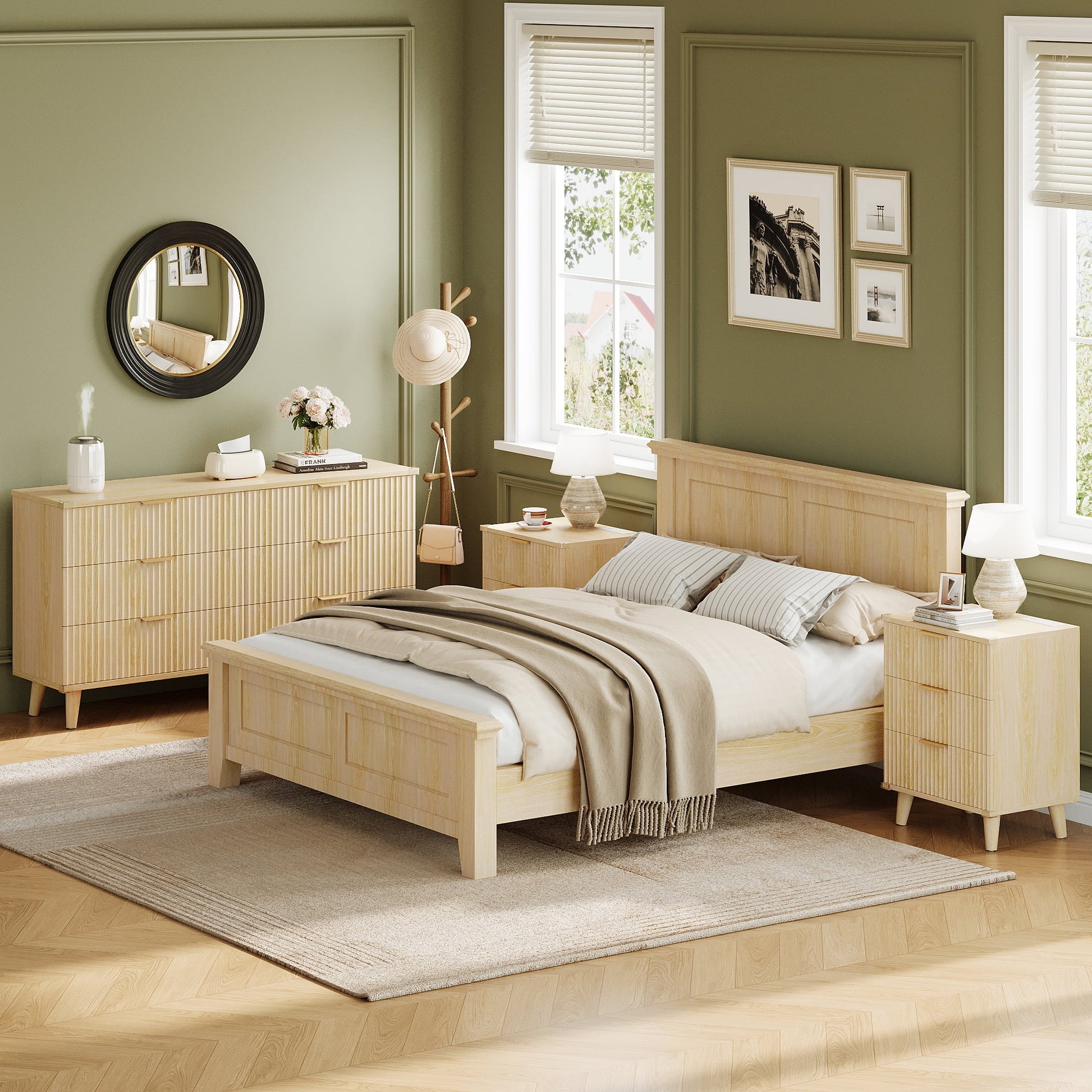 Bedroom Dresser and Nightstand 3 Piece Set - Includes Boho Double 6 Drawer Storage Dresser, Nightstand Set of 2 with Charging Station, Modern Bedroom Set, Natural