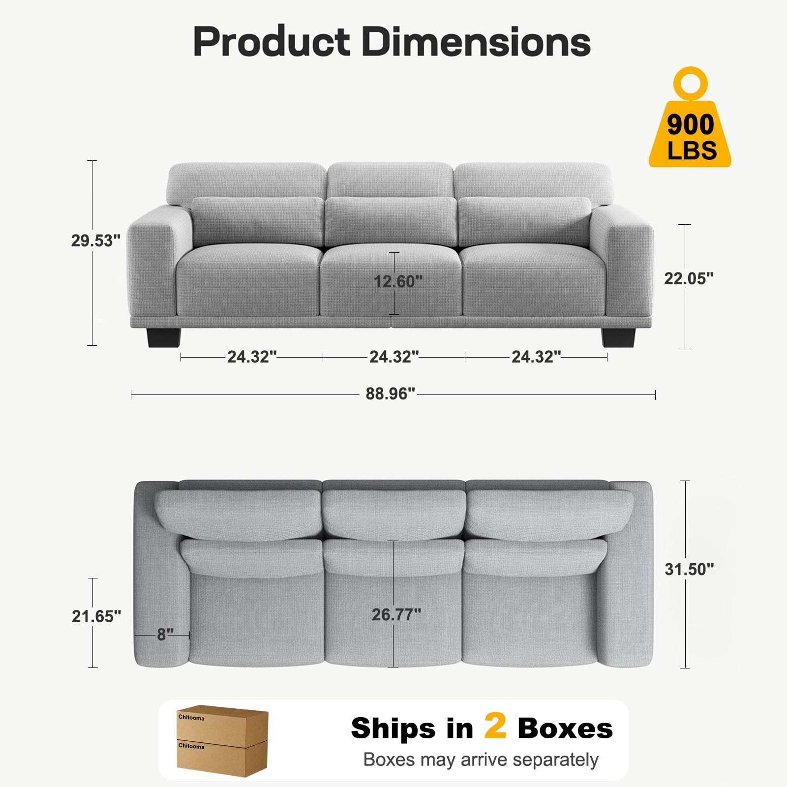 89" 3 Seater Sofa, Upholstered Couch with 3 Pillows and Removable Linen Cover, Deep Seat Sofa with Wide Armrests 