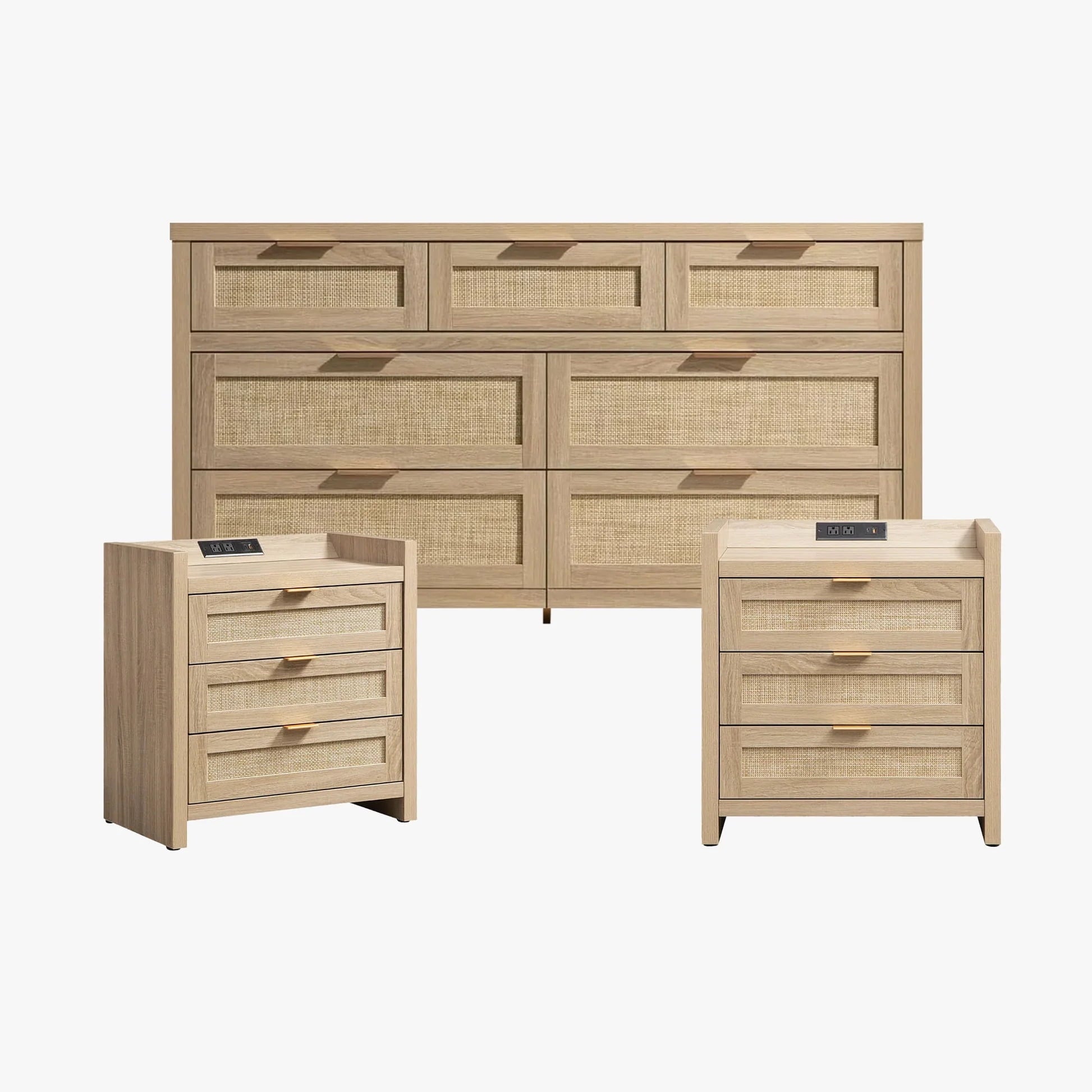 Boho Dresser & Nightstands Set – 7-Drawer Dresser & 3-Drawer Nightstand with Charing Rattan Bderoom Funiture Set with Massive Storage 3 Piece,Light Oak