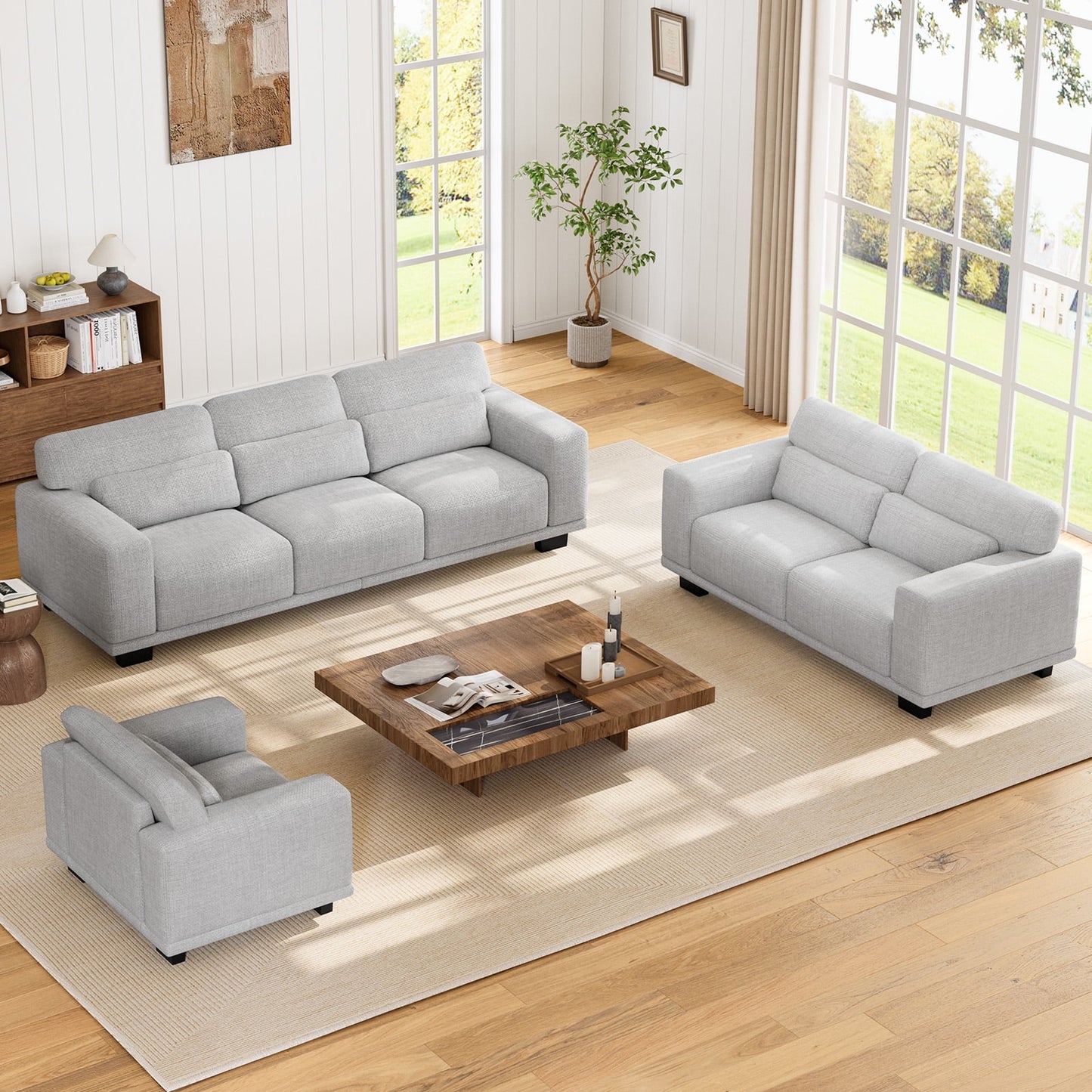89" 3 Seater Sofa, Upholstered Couch with 3 Pillows and Removable Linen Cover, Deep Seat Sofa with Wide Armrests 