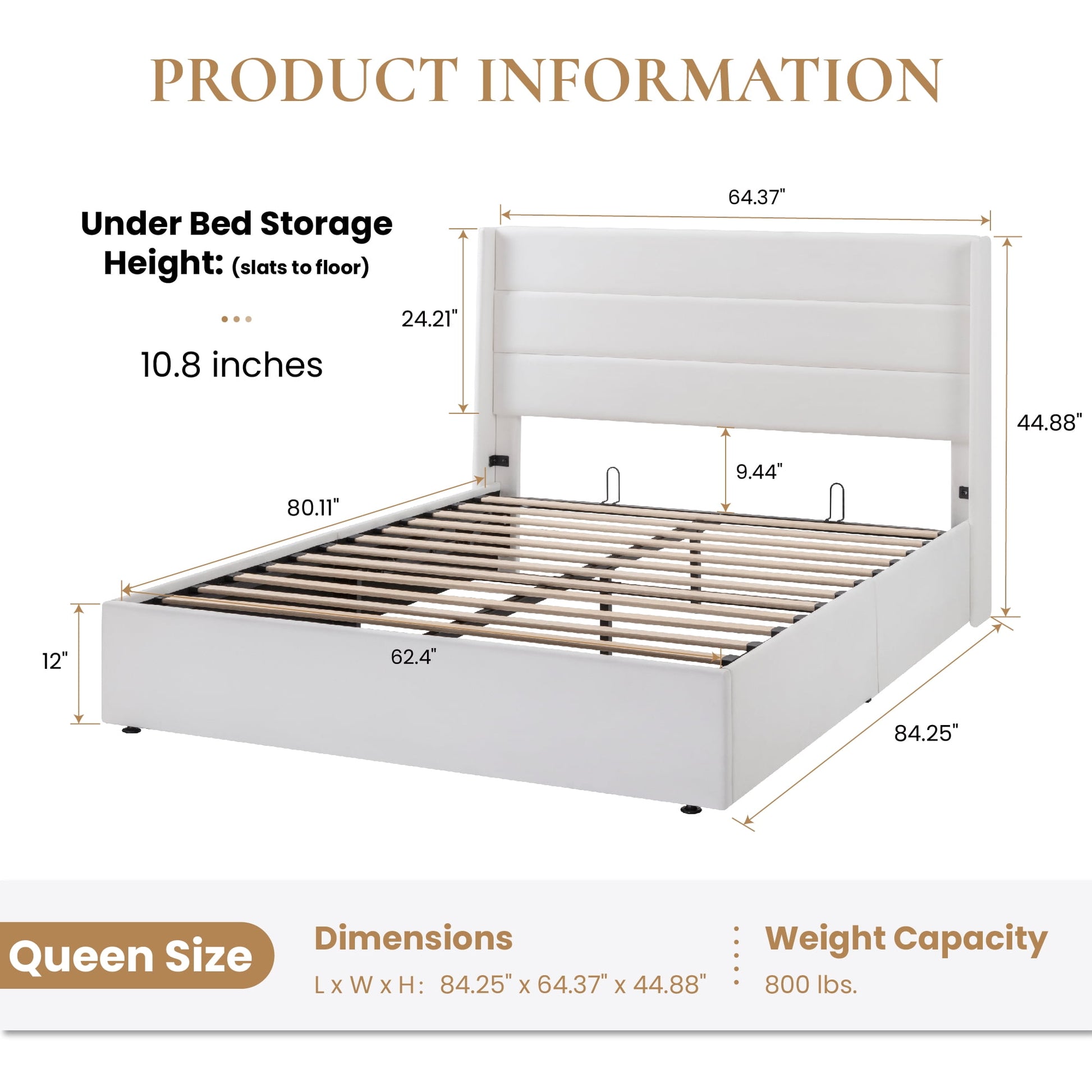 Queen Size Velvet Lift up Hydraulic Storage Bed Frame, Platform Bed with Upholstered Wingback Headboard, No Box Spring Needed, White