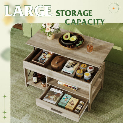 Coffee Table, 39" Lift Top Coffee Table with Hidden Compartment, Storage Drawers and Storage Shelf for Living Room, Reception Room Greige