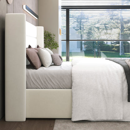 Queen Size Velvet Lift up Hydraulic Storage Bed Frame, Platform Bed with Upholstered Wingback Headboard, No Box Spring Needed, White