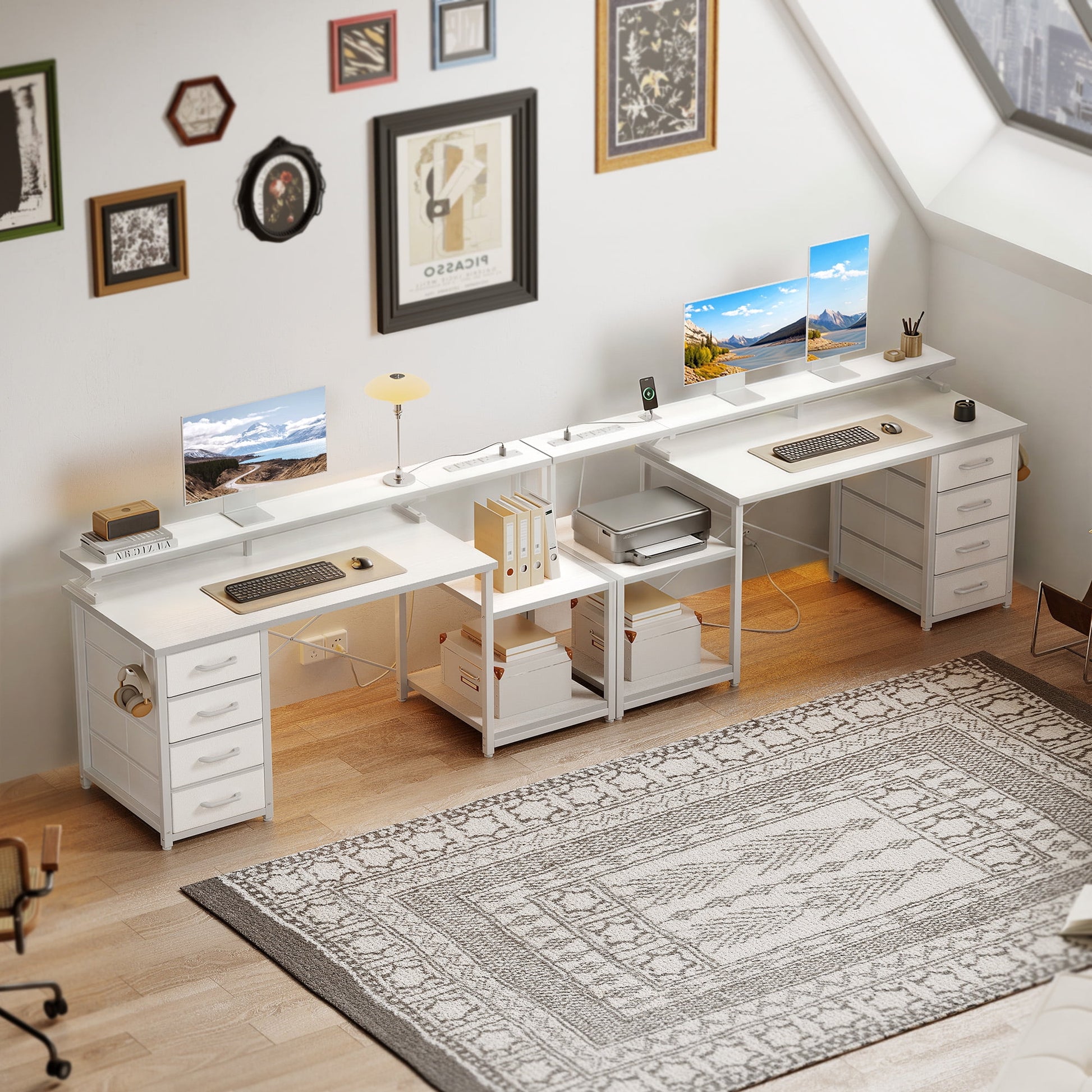 55 Inch Computer Desk with USB Ports and Power Outlets, Printer Shelf, 4 Drawers & Storage Shelf, Home Office Desks, White