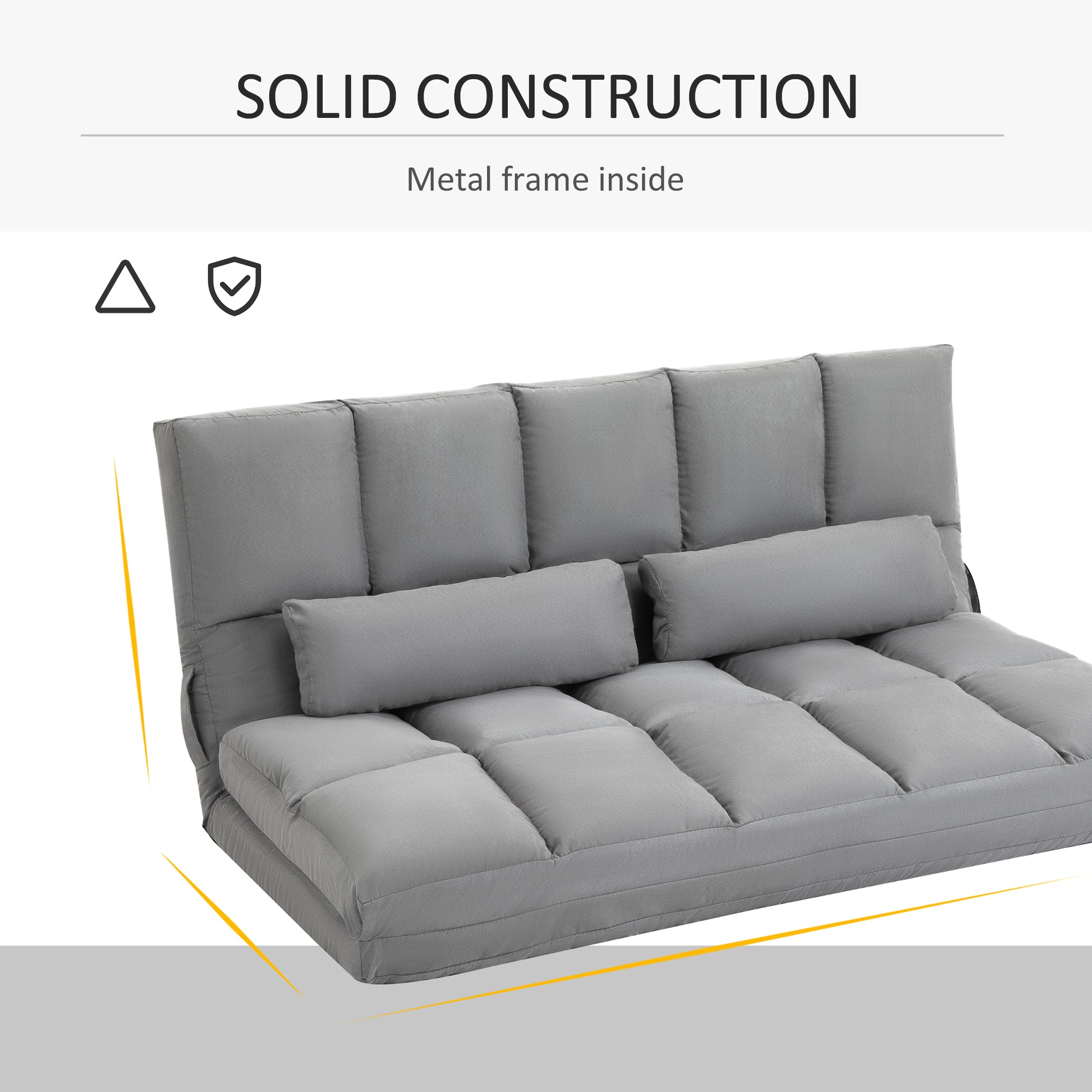 Folding Upholstered Couch Bed Gray Convertible Floor Sofa Chair Metal Frame Pillows