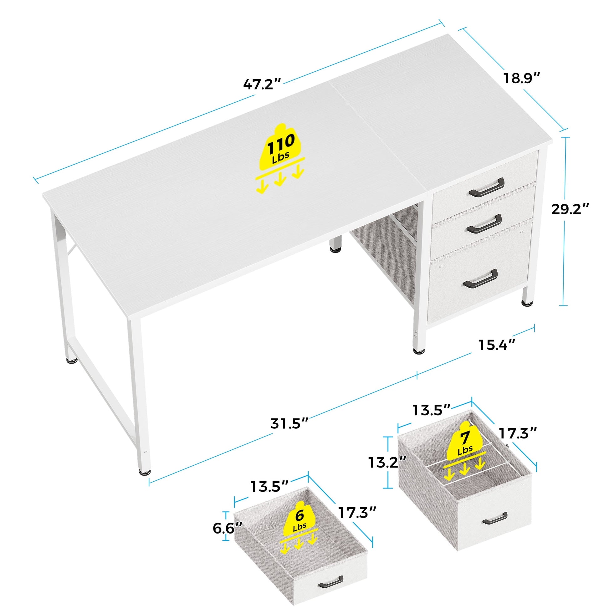 Computer Desk with Fabric Drawers & File Cabinet, Home Office Desk with Cloth Storage Bag and Hook, Vanity Desk for Bedroom, White