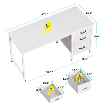 Computer Desk with Fabric Drawers & File Cabinet, Home Office Desk with Cloth Storage Bag and Hook, Vanity Desk for Bedroom, White