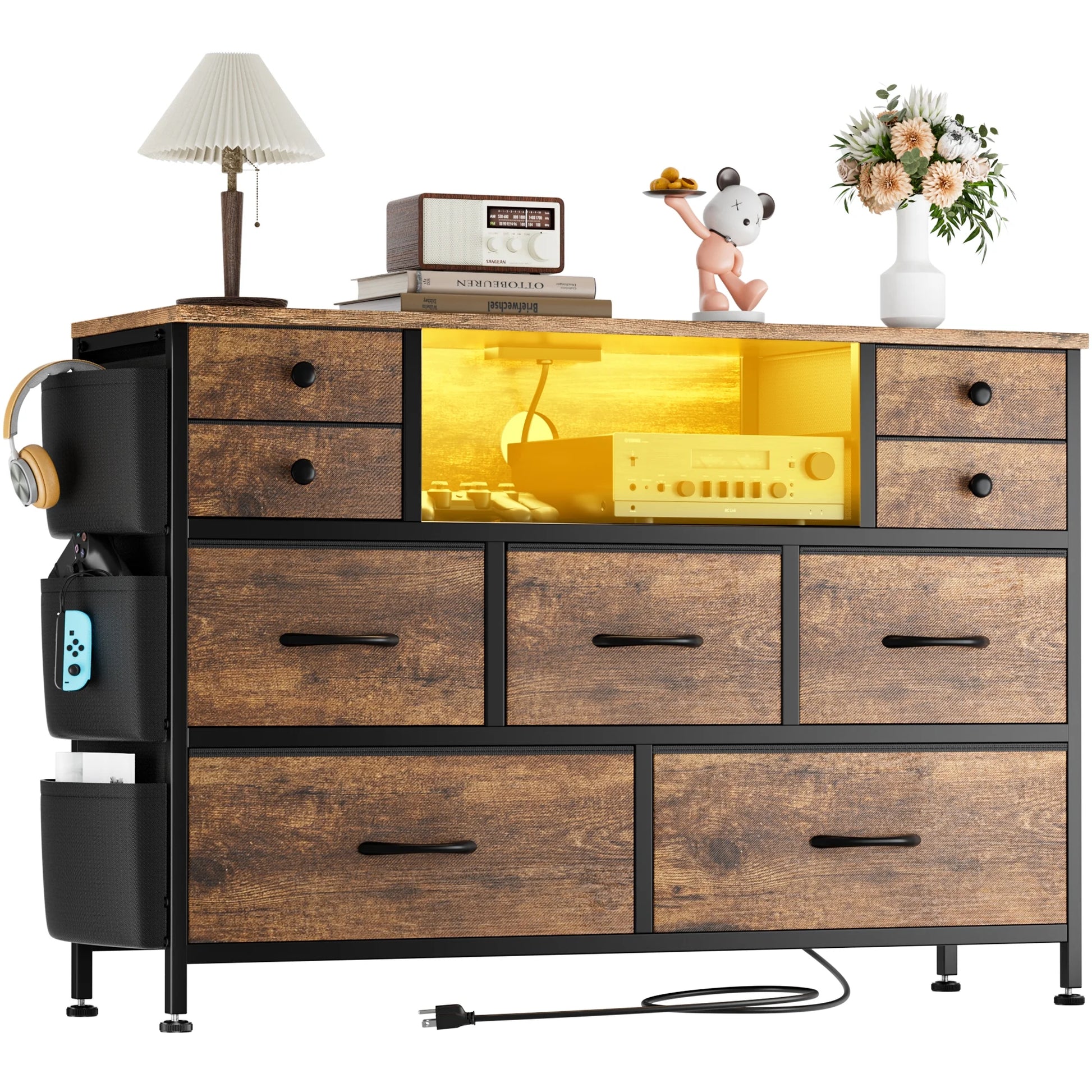 9 Drawer Dresser for Bedroom with Power Outlets LED Lights, Fabric Dresser Brown 