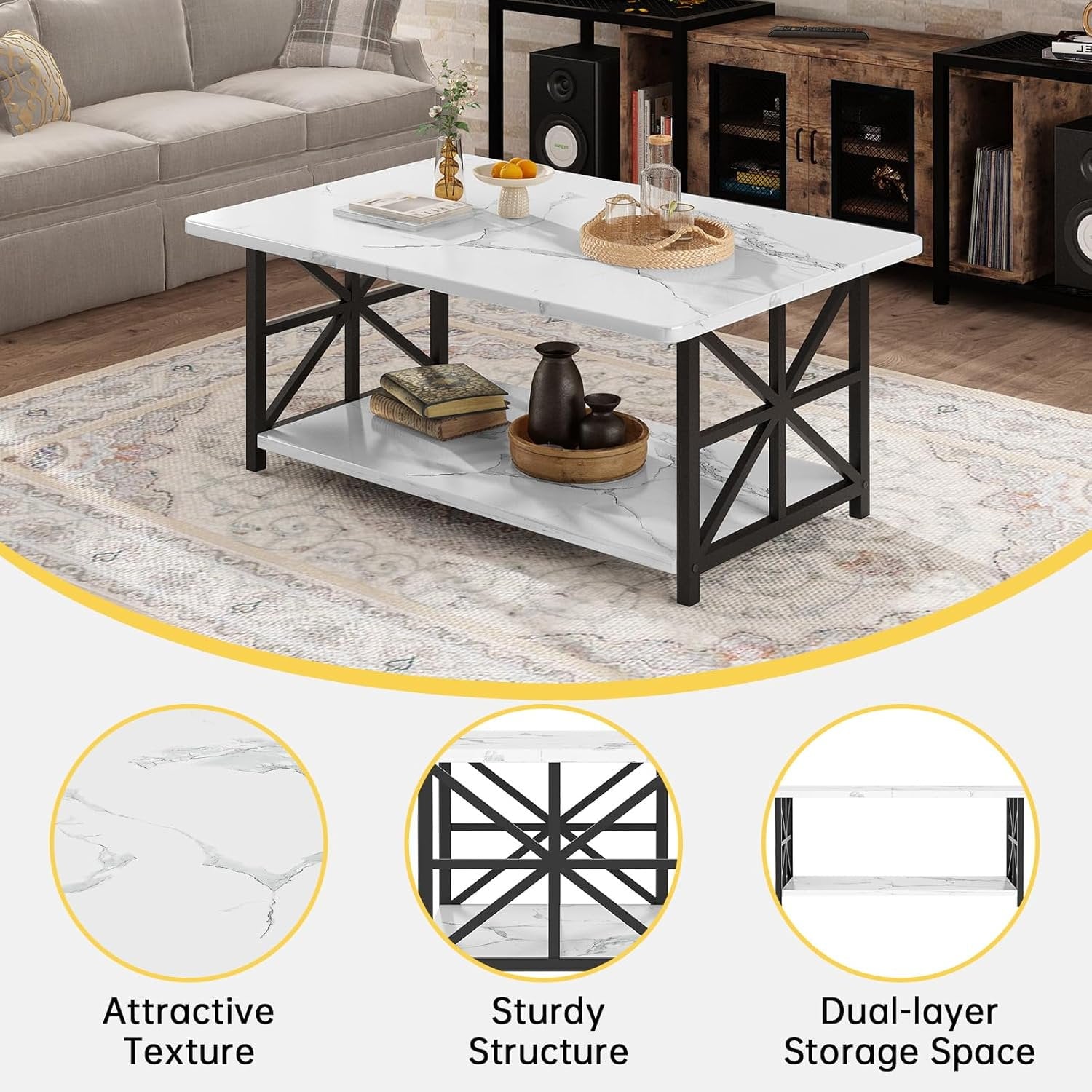 Faux Marble Coffee Table with Storage Shelves, 2-Tier Storage Rectangular Living Room Center Table, Metal Base Sturdy Modern Coffee Tea Table for Living Room, Apartment, Office, White