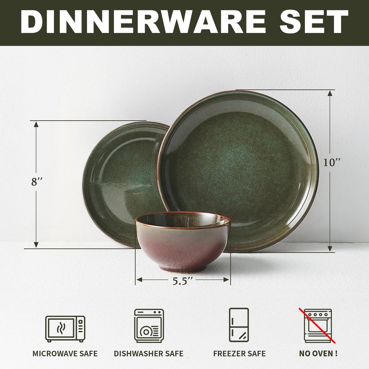 24-Piece Stoneware Dinnerware Sets, Plates and Bowls Dish Sets for 8, Brown Green