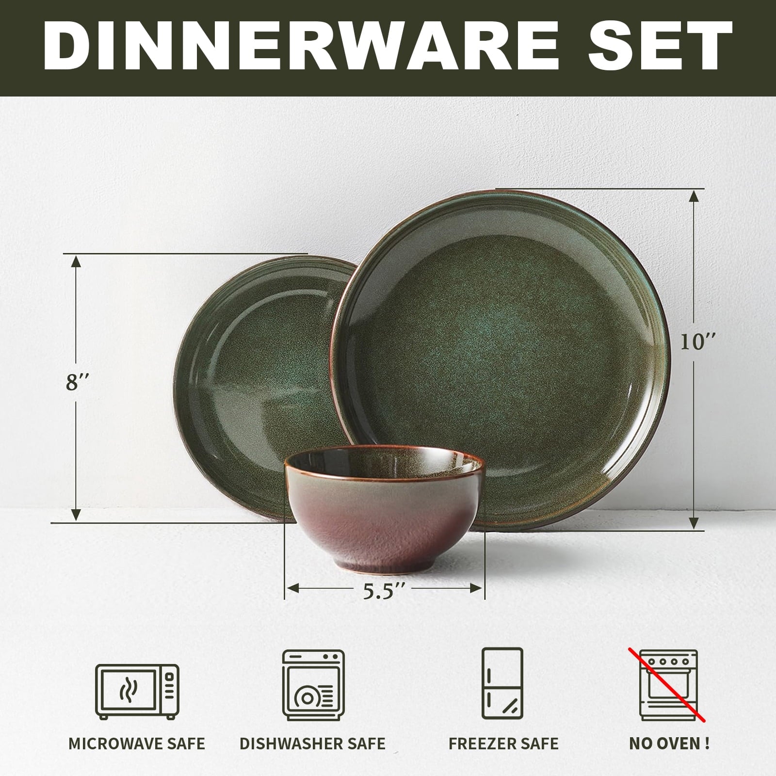 24-Piece Stoneware Dinnerware Sets, Plates and Bowls Dish Sets for 8, Brown Green