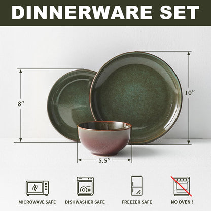 24-Piece Stoneware Dinnerware Sets, Plates and Bowls Dish Sets for 8, Brown Green