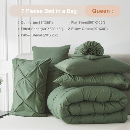 Queen Size Comforter Set,7 Pieces Dark Green Bedding Sets for All Season Bed in a Bag with Comforter ,Flat Sheet ,Fitted Sheet ,Pillowcases & Shams