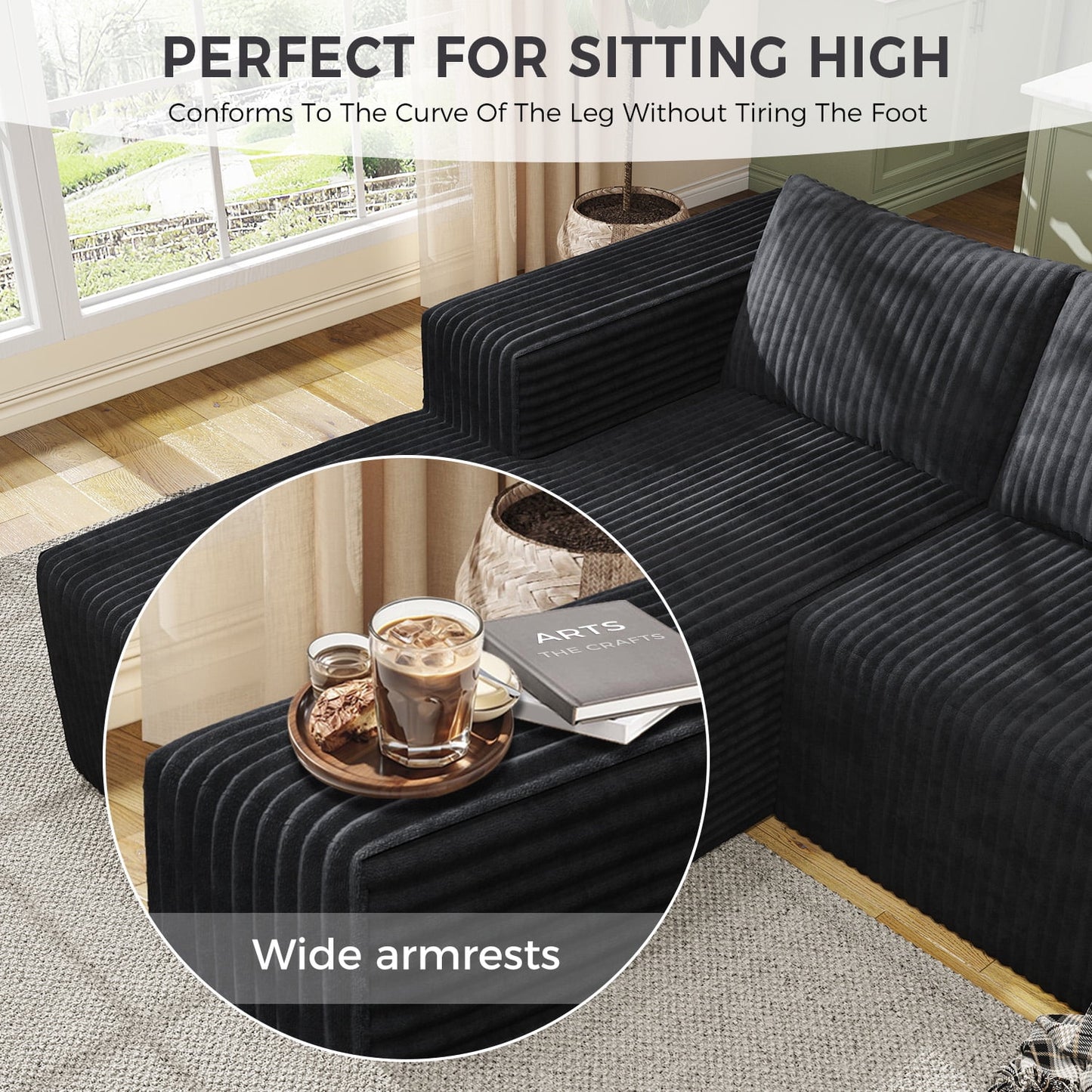 Modular Cloud Sofa - No Assembly Required, 94" Oversized L-Shaped Sectional with Chaise, Flannel Fabric Deep Seating Couch for Living Room