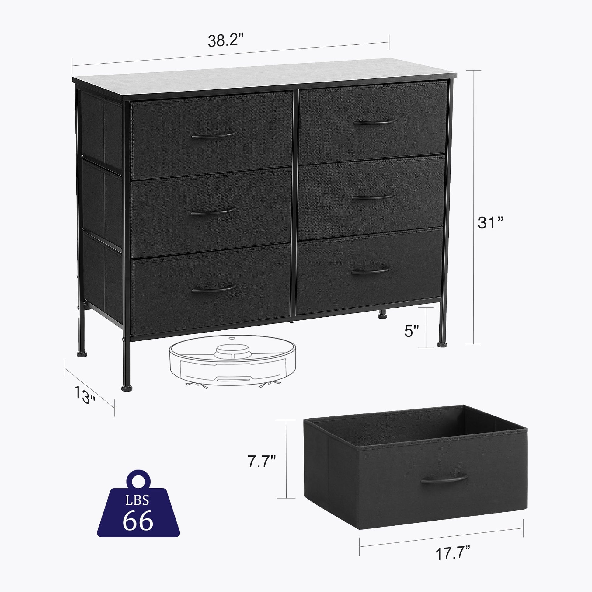 6 Drawer Fabric Dresser with Wood Top for Living Room, Bedroom, Hallway, Black