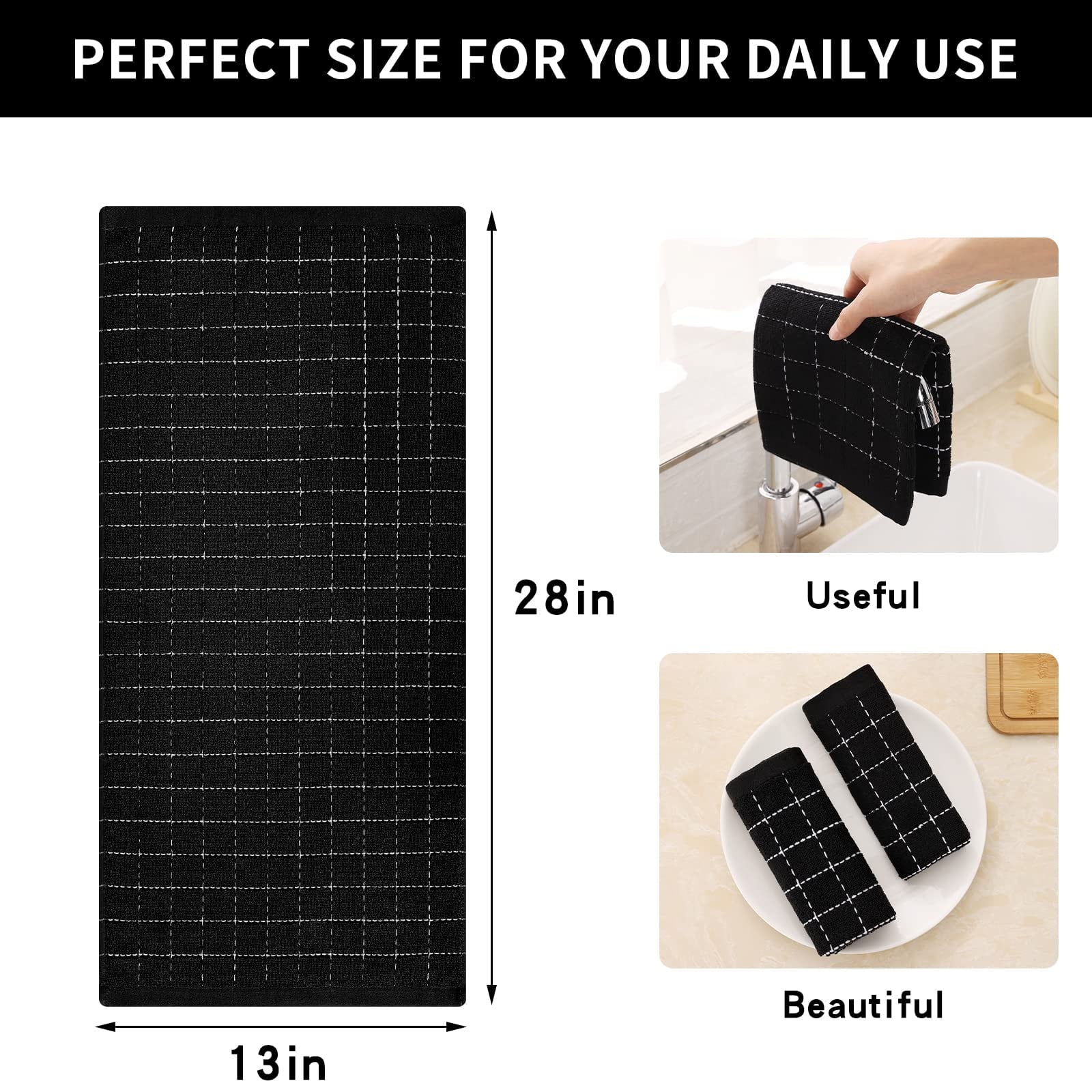 100% Cotton Terry Kitchen Towels(Black, 13 X 28 Inches), Checkered Designed, Soft and Super Absorbent Dish Towels, 4 Pack