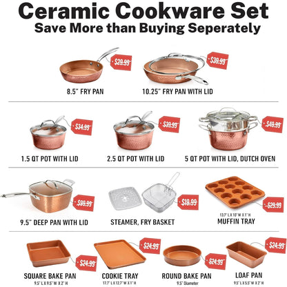 Hammered 20 Pc Ceramic Cookware Set Nonstick, Induction Pots and Pans Set, Non Toxic Cookware Sets, Oven & Dishwasher Safe, Copper