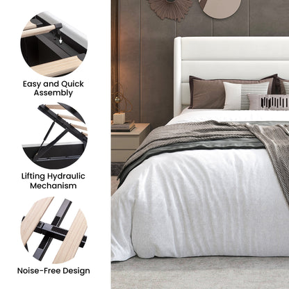 Queen Size Velvet Lift up Hydraulic Storage Bed Frame, Platform Bed with Upholstered Wingback Headboard, No Box Spring Needed, White