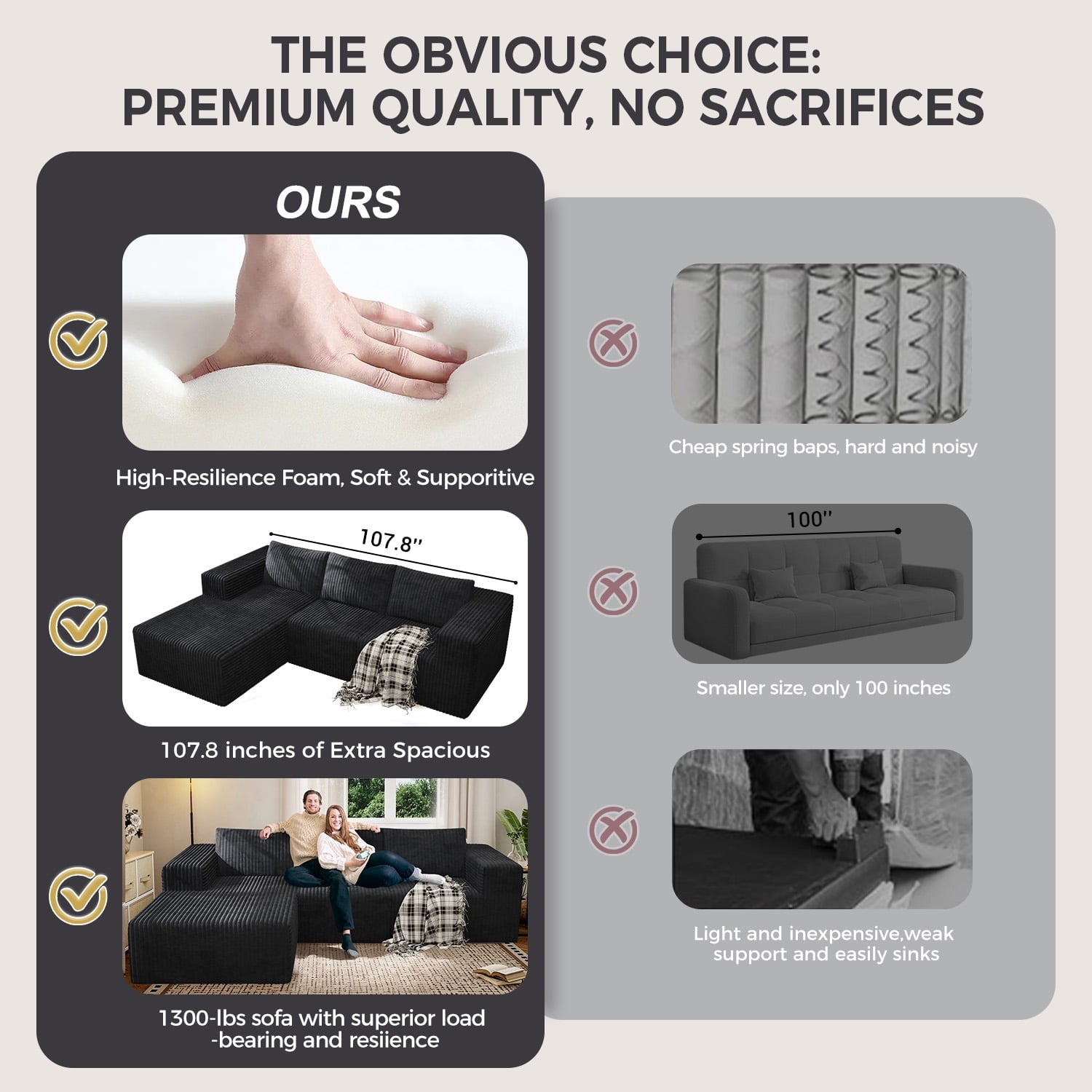 Modular Cloud Sofa - No Assembly Required, 94" Oversized L-Shaped Sectional with Chaise, Flannel Fabric Deep Seating Couch for Living Room