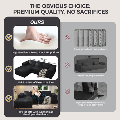 Modular Cloud Sofa - No Assembly Required, 94" Oversized L-Shaped Sectional with Chaise, Flannel Fabric Deep Seating Couch for Living Room