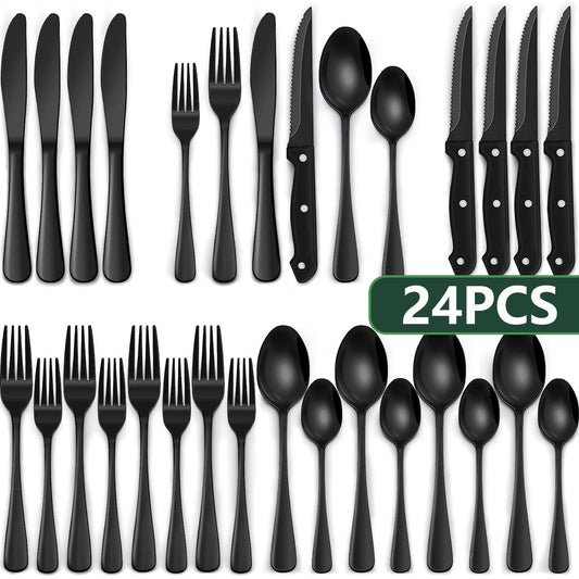 24-Piece Black Silverware Set with Steak Knives,  Black Flatware Set for 4, Food-Grade Stainless Steel Tableware Cutlery Set, Mirror Finished Utensil Sets for Home Restaurant