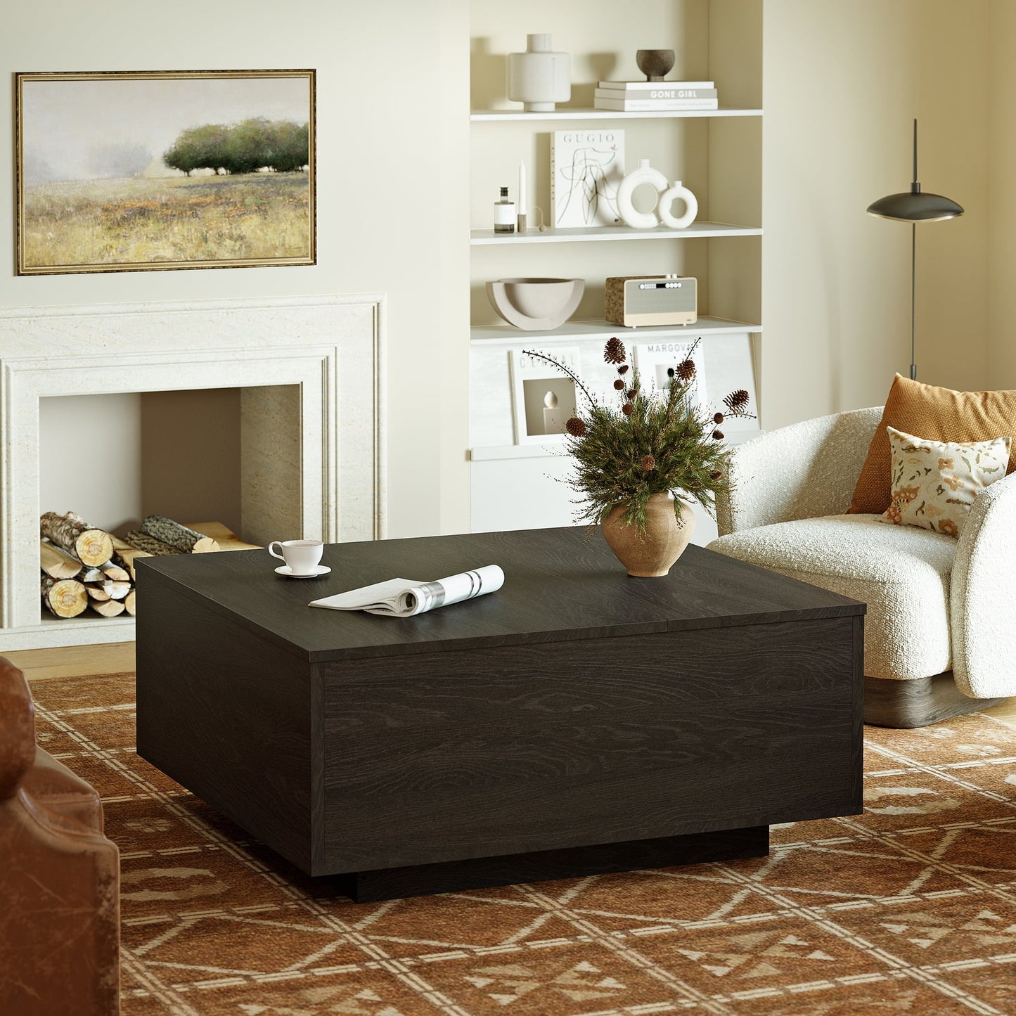 Lift Top Coffee Table with Storage, Square Coffee Table and Modern Farmhouse Center Table for Living Room, Espresso Black