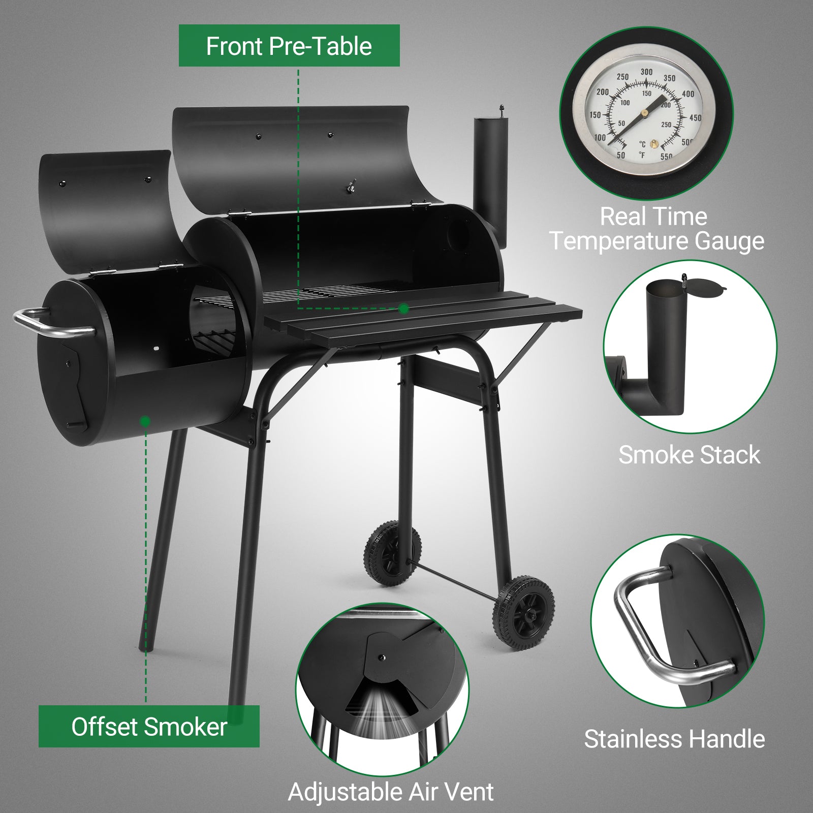  Black Double Cylinder, Wheeled, Smoked, Charcoal Grill 111X54X93Cm