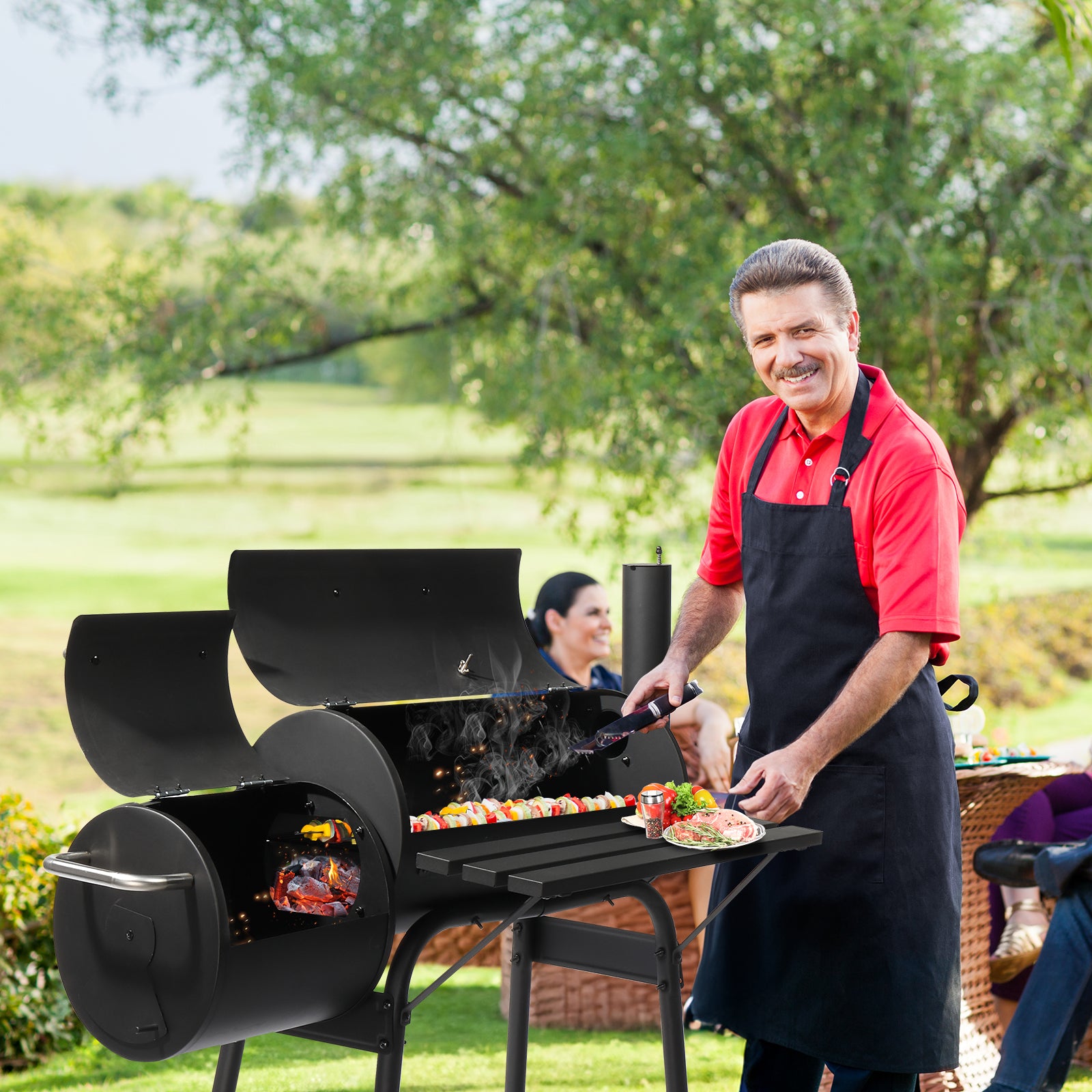  Black Double Cylinder, Wheeled, Smoked, Charcoal Grill 111X54X93Cm