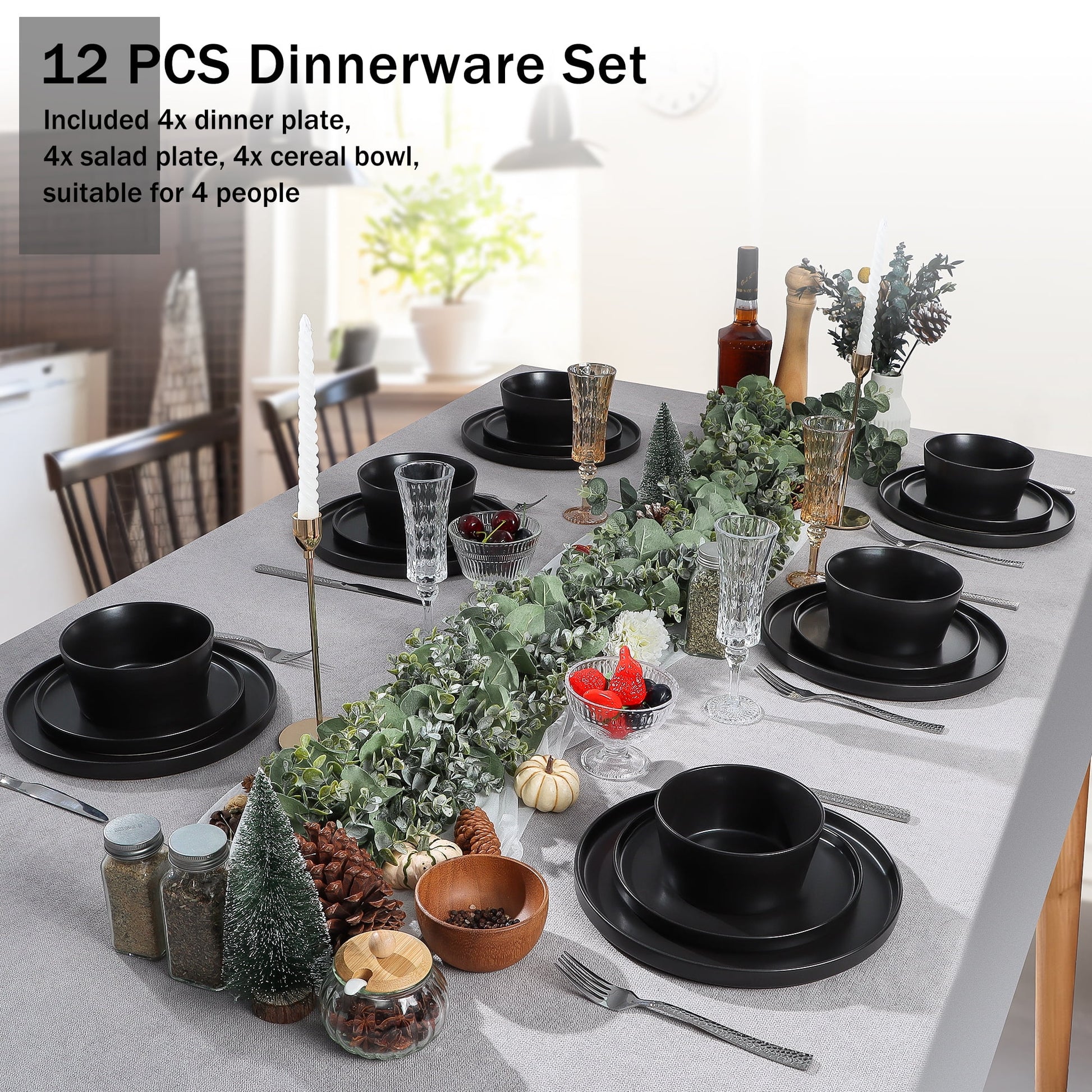 Stoneware Dinnerware Sets, 12 Piece Plates and Bowls Set for 4, Serving Plates and Bowls Dish Sets, Microwave & Dishwasher Safe - Matte Black