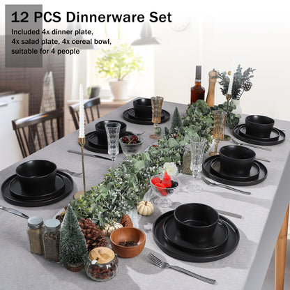 Stoneware Dinnerware Sets, 12 Piece Plates and Bowls Set for 4, Serving Plates and Bowls Dish Sets, Microwave & Dishwasher Safe - Matte Black