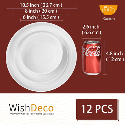 Plates and Bowls Sets, 12 Pieces Dinnerware Sets, Ceramic Dishes Set for 4, White Kitchen Dishware Set, Microwave and Dishwasher Safe