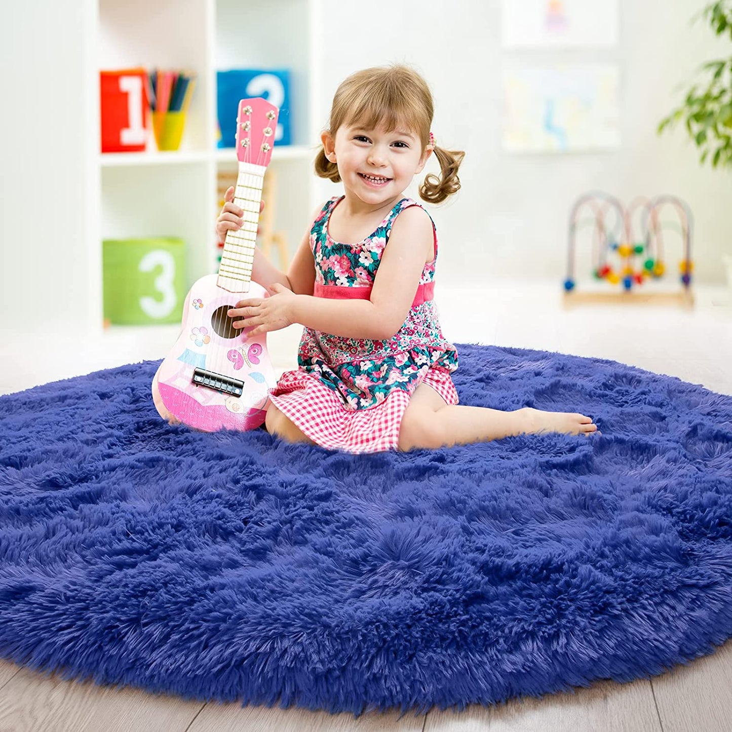 Fluffy Soft Area Rugs for Kids Bedroom Home Decor Circular Carpet, Navy Blue