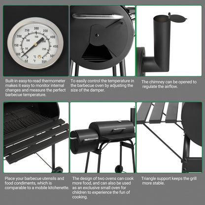  Black Double Cylinder, Wheeled, Smoked, Charcoal Grill 111X54X93Cm