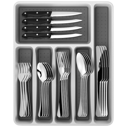 37-Piece Silverware Set with Organizer, Heavy Duty Stainless Steel Flatware Set Service for 6, Cutlery Set with Steak Knives, Mirror Polished, Dishwasher Safe, Silver