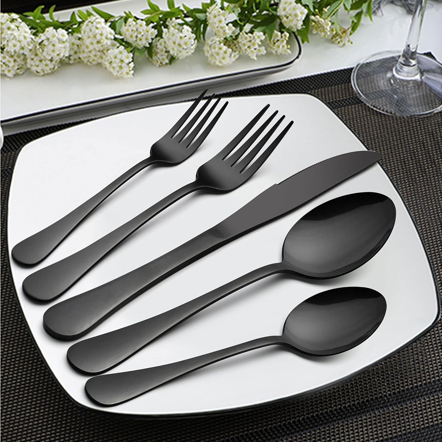 45 Pieces Black Silverware Set with Serving Utensils, Stainless Steel Modern Flatware Cutlery Set for 8, Eating Utensils Tableware Include Forks Knives Spoons, Mirror Polished
