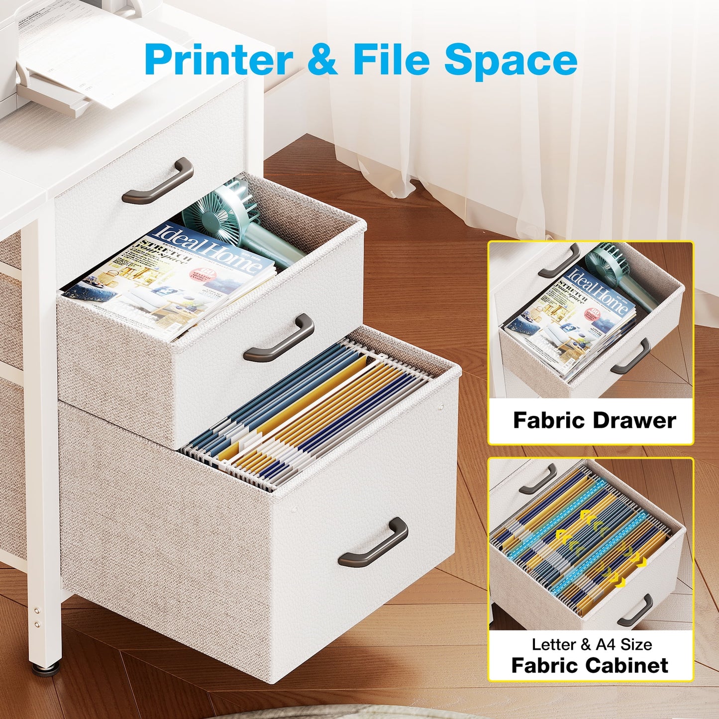 Computer Desk with Fabric Drawers & File Cabinet, Home Office Desk with Cloth Storage Bag and Hook, Vanity Desk for Bedroom, White