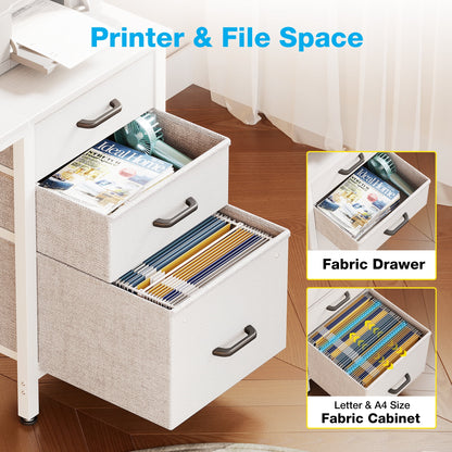 Computer Desk with Fabric Drawers & File Cabinet, Home Office Desk with Cloth Storage Bag and Hook, Vanity Desk for Bedroom, White