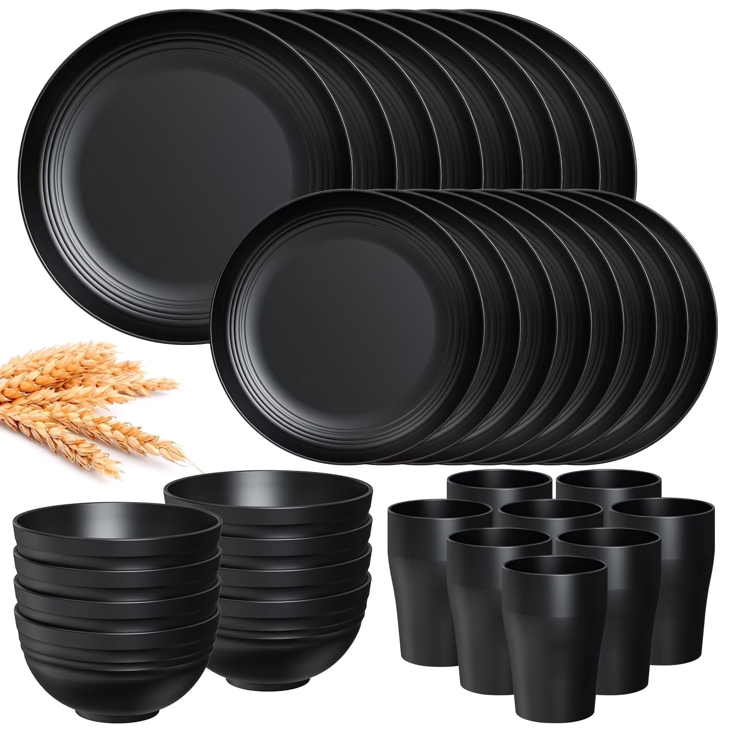 Wheat Straw Dinnerware Sets, Service for 8, 32 PCS Unbreakable Dinnerware,Microwave Dishwasher Safe - Black