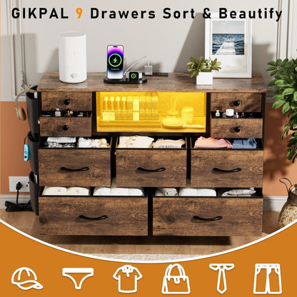 9 Drawer Dresser for Bedroom with Power Outlets LED Lights, Fabric Dresser Brown 