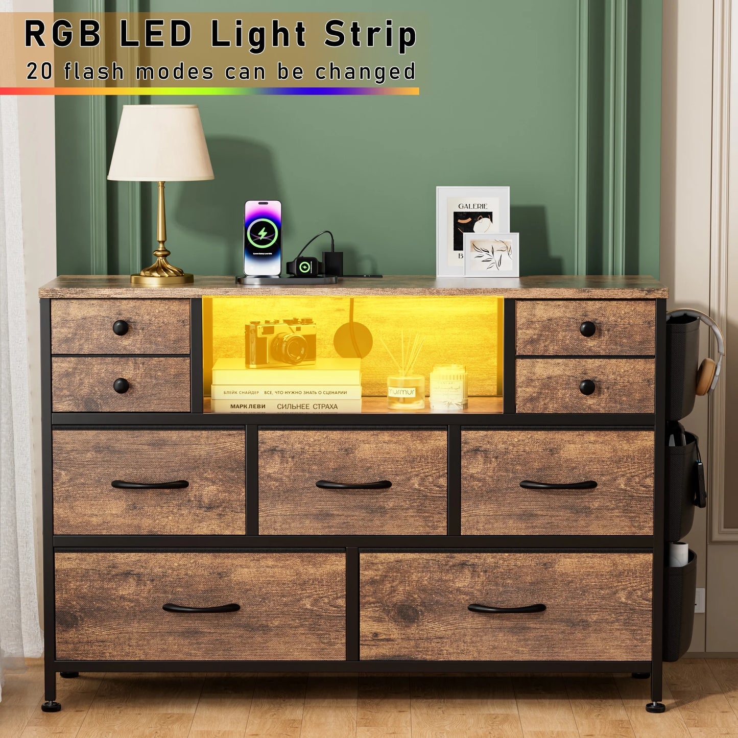 9 Drawer Dresser for Bedroom with Power Outlets LED Lights, Fabric Dresser Brown 