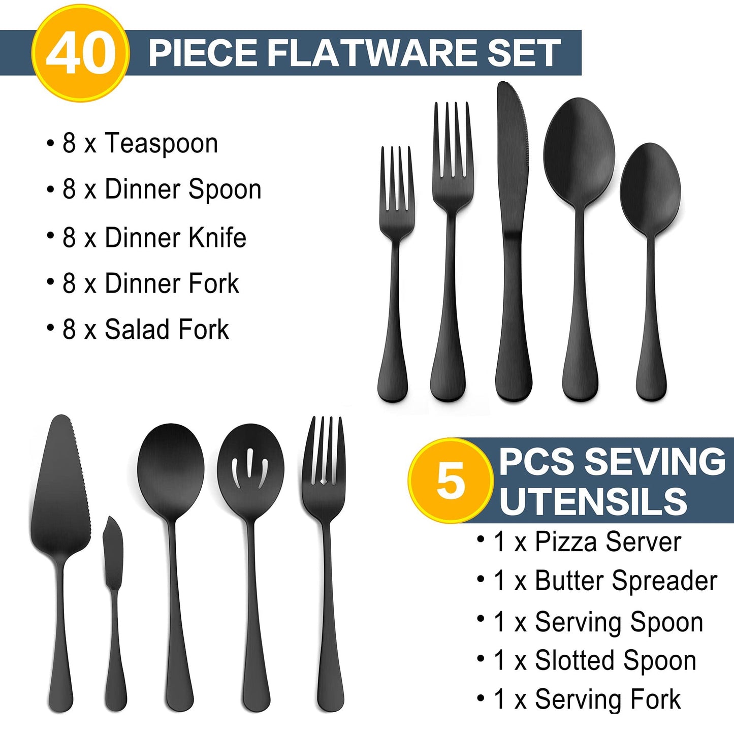 45 Pieces Black Silverware Set with Serving Utensils, Stainless Steel Modern Flatware Cutlery Set for 8, Eating Utensils Tableware Include Forks Knives Spoons, Mirror Polished