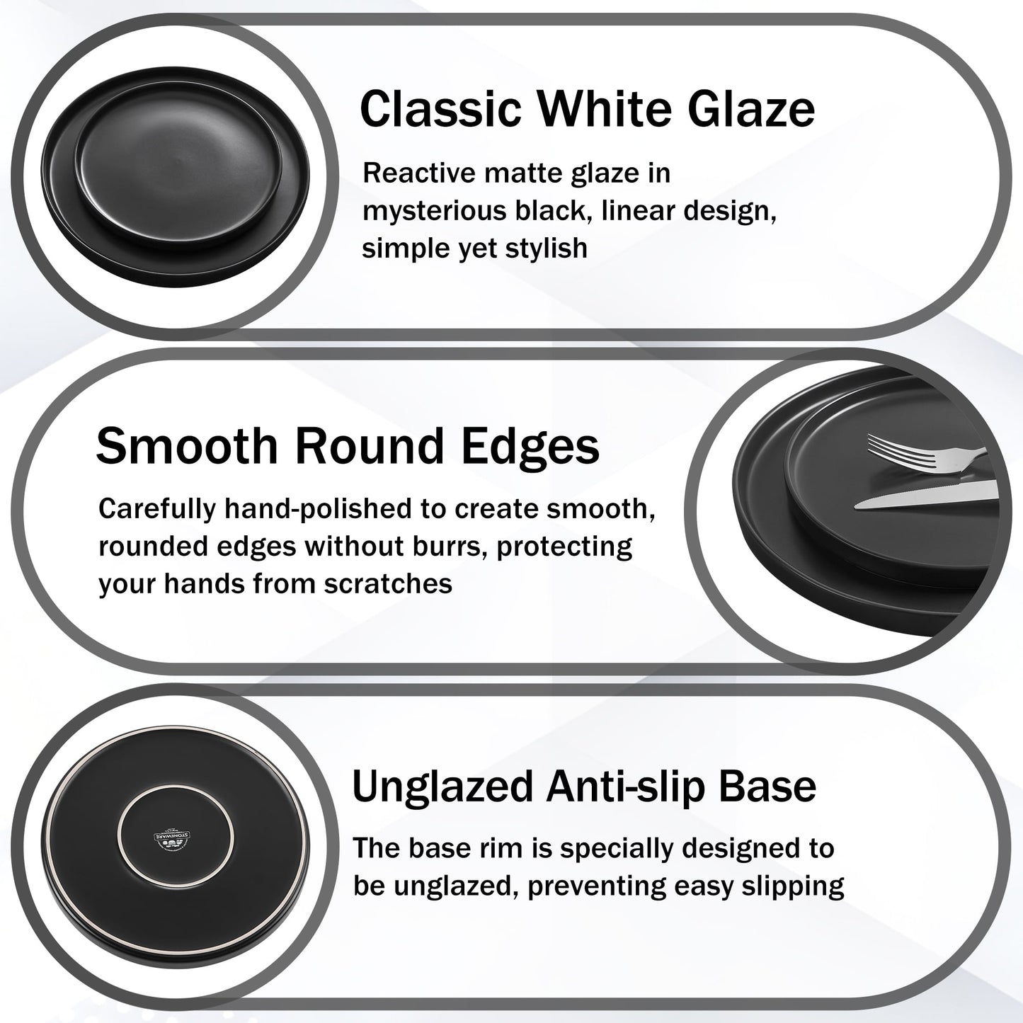 Stoneware Dinnerware Sets, 12 Piece Plates and Bowls Set for 4, Serving Plates and Bowls Dish Sets, Microwave & Dishwasher Safe - Matte Black