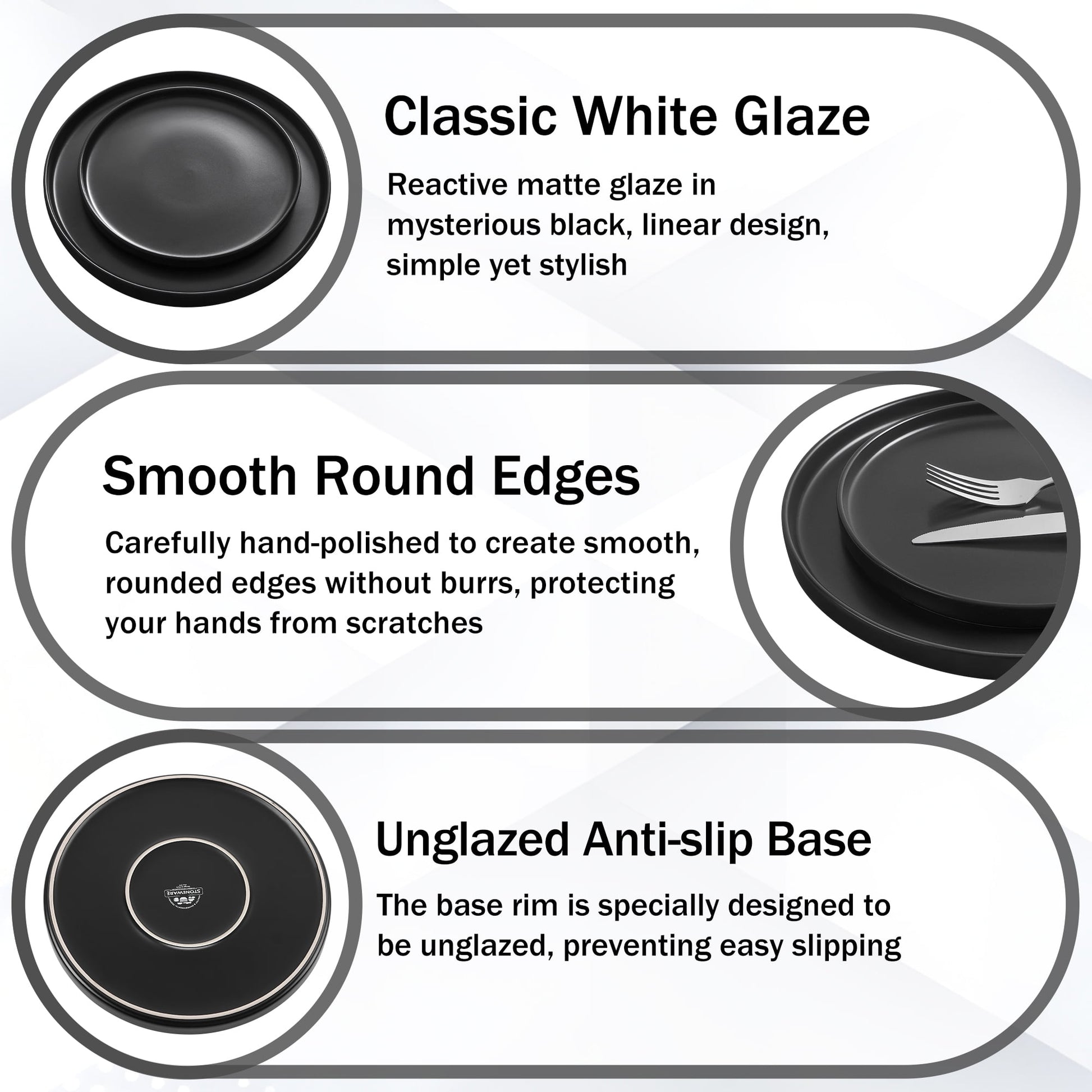 Stoneware Dinnerware Sets, 12 Piece Plates and Bowls Set for 4, Serving Plates and Bowls Dish Sets, Microwave & Dishwasher Safe - Matte Black