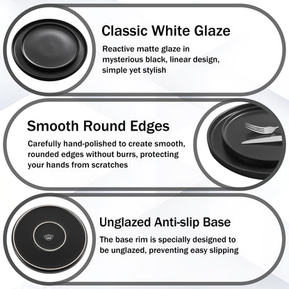 Stoneware Dinnerware Sets, 12 Piece Plates and Bowls Set for 4, Serving Plates and Bowls Dish Sets, Microwave & Dishwasher Safe - Matte Black