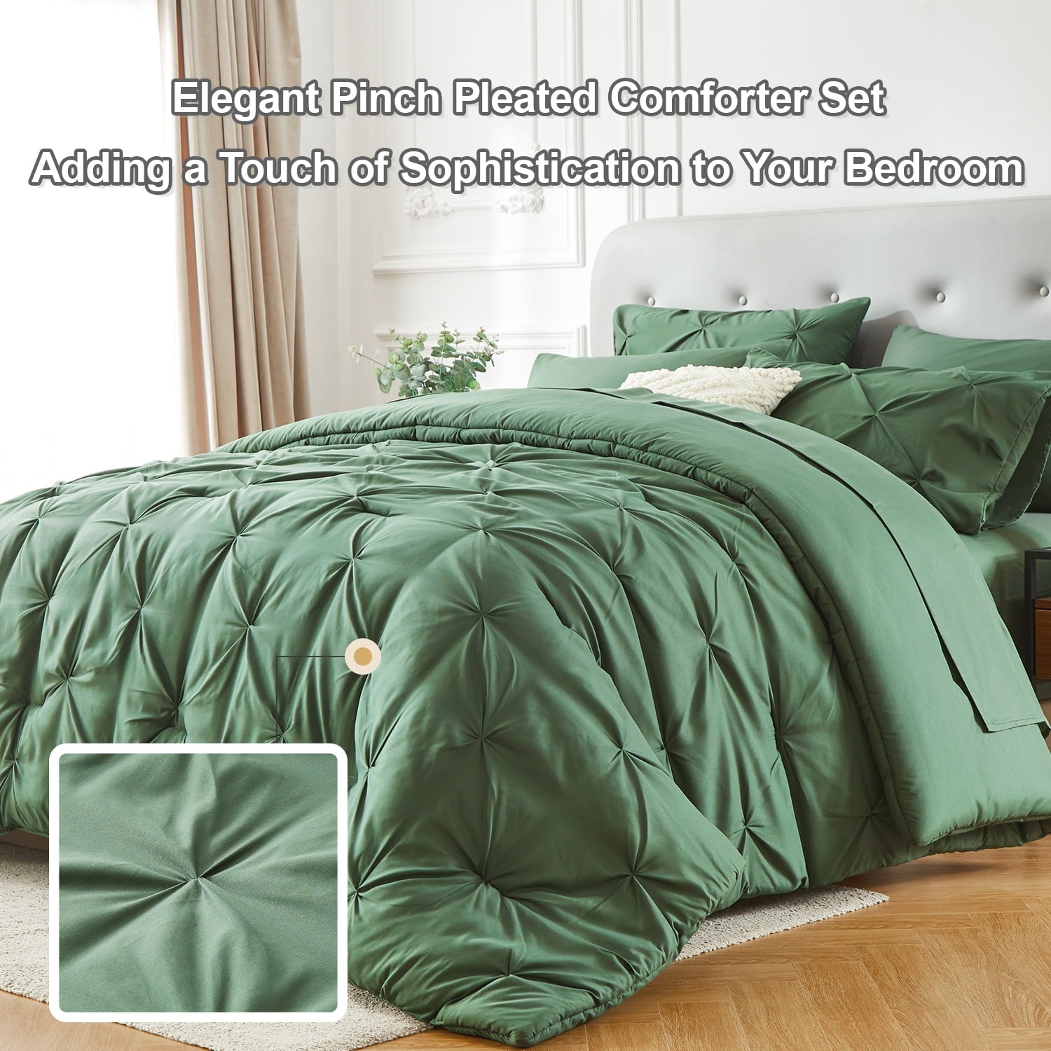 Queen Size Comforter Set,7 Pieces Dark Green Bedding Sets for All Season Bed in a Bag with Comforter ,Flat Sheet ,Fitted Sheet ,Pillowcases & Shams