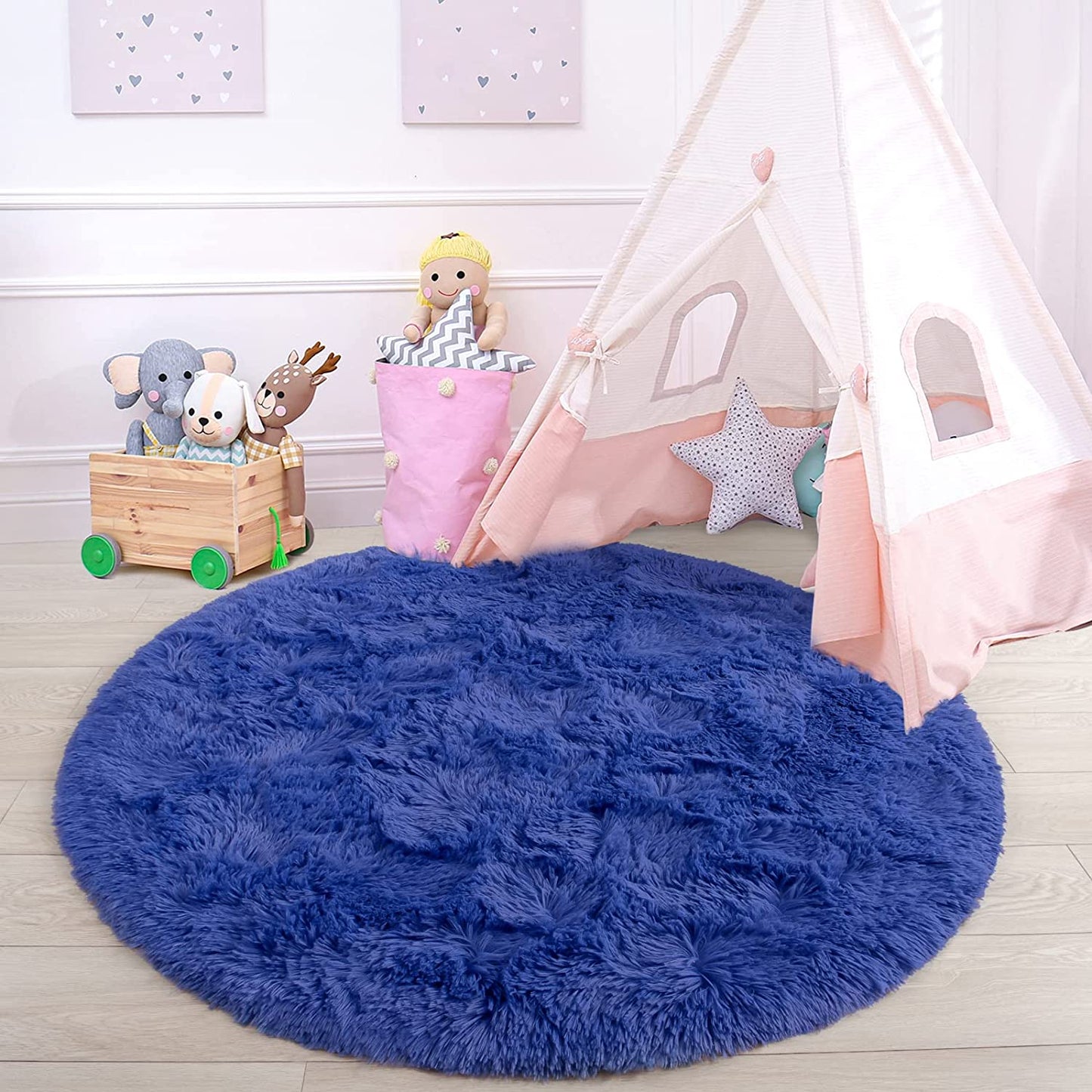 Fluffy Soft Area Rugs for Kids Bedroom Home Decor Circular Carpet, Navy Blue